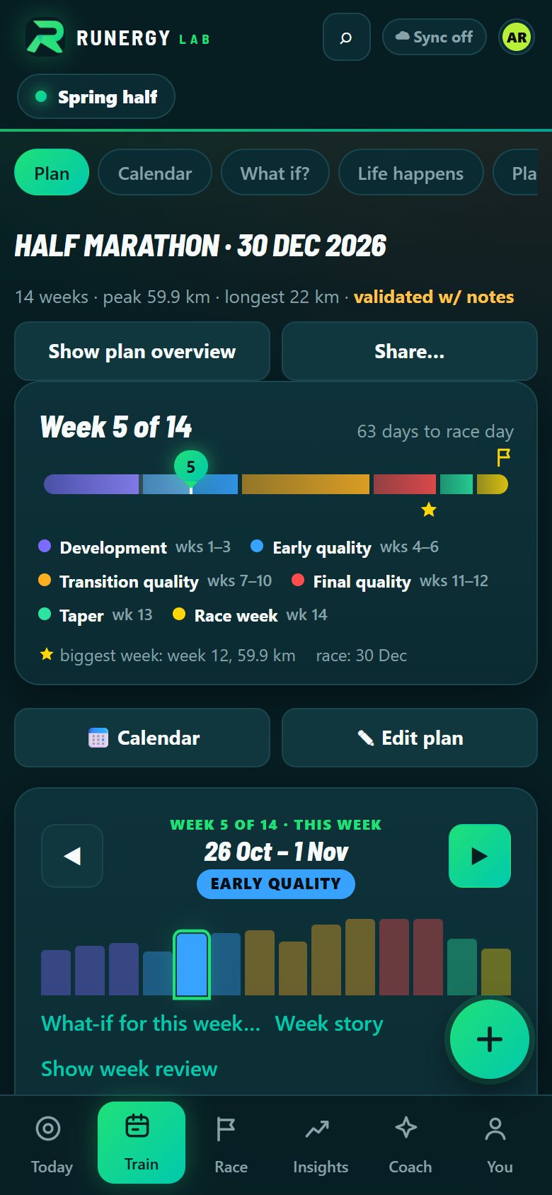 The plan screen: phases from development to race week, and the week's training load